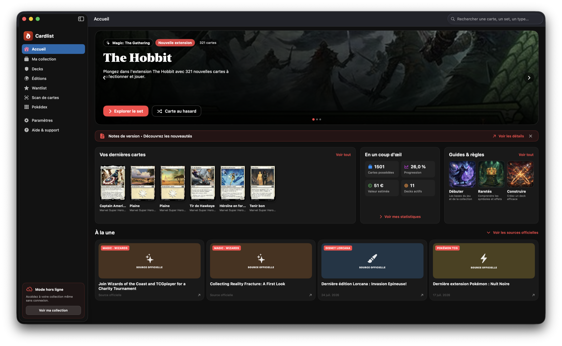 Accueil de Cardlist sur Mac avec collection, decks, éditions, wishlist, scan de cartes et actualités TCG